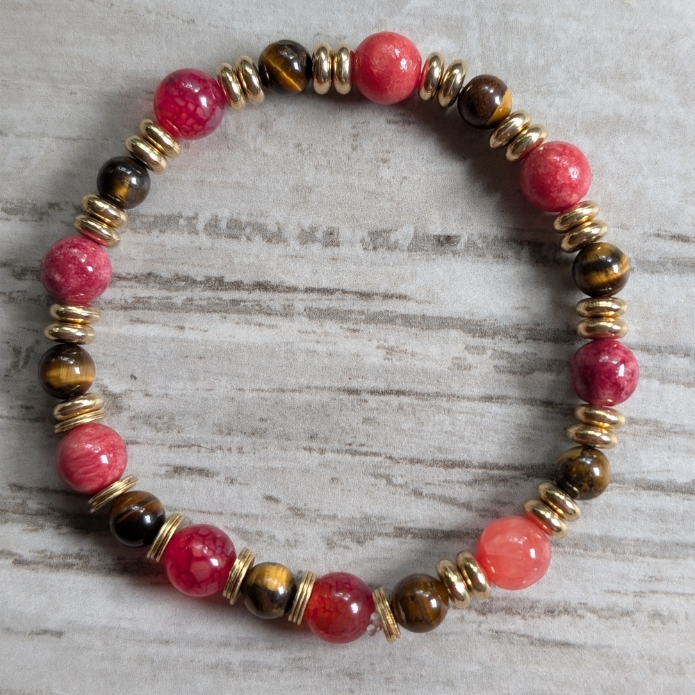 Elegant Ruby Quartz and Tiger Eye Natural Stone Beaded Stretch Bracelet